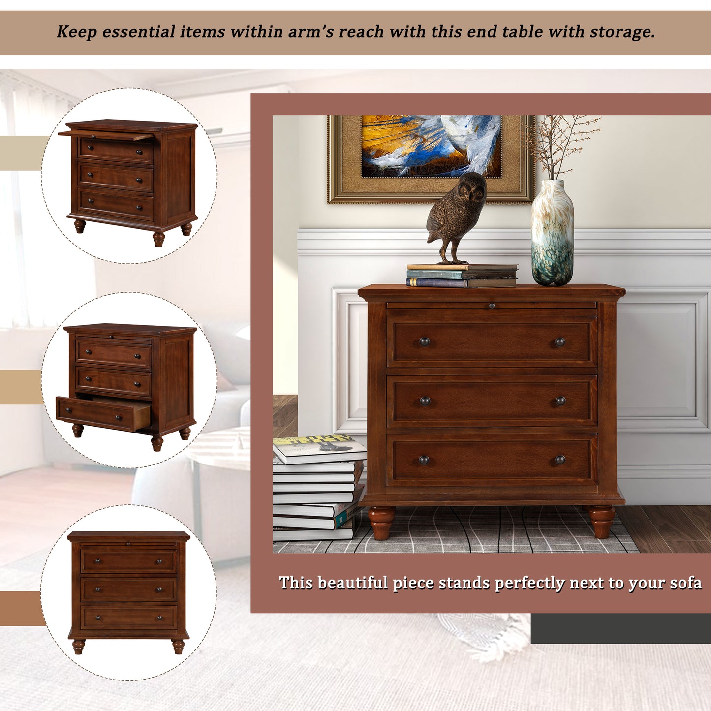 U_STYLE 27.6''Nightstand with Pine Wood veneer, Fashion Bedside Cabinet with 3 Drawers and pull-out tray, Minimalist Sofa Side Table with rubber legs and Metal handle for Bedroom Sofa Couch Office image 4
