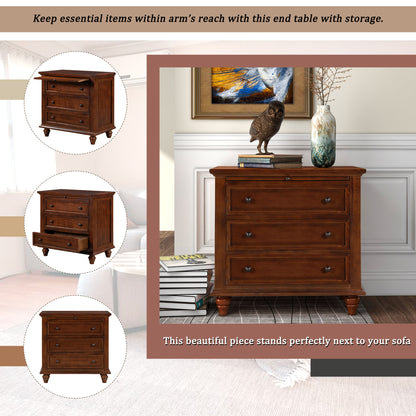 U_STYLE 27.6''Nightstand with Pine Wood veneer, Fashion Bedside Cabinet with 3 Drawers and pull-out tray, Minimalist Sofa Side Table with rubber legs and Metal handle for Bedroom Sofa Couch Office image 4