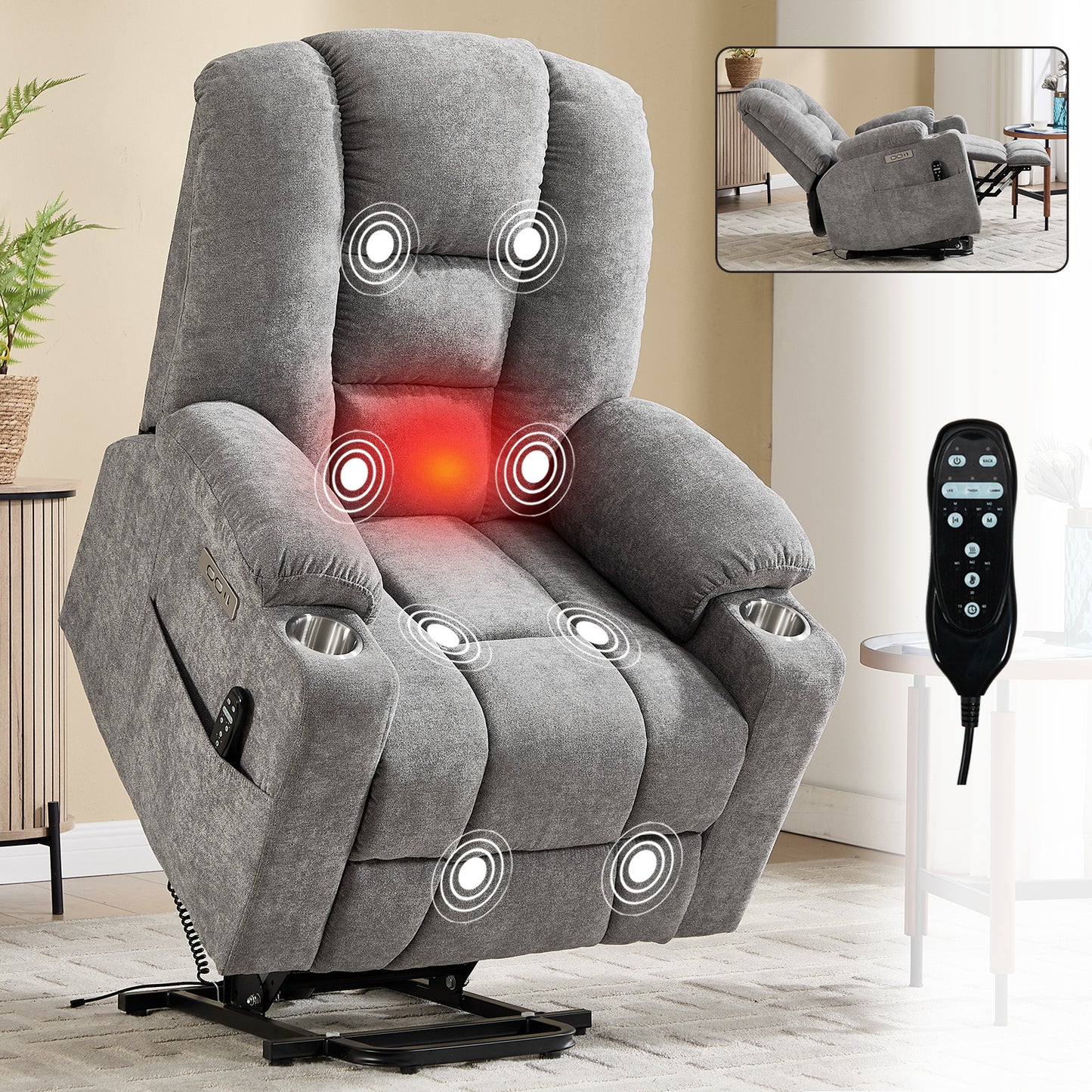Power Lift Recliner Chair with Massage and Heat for Elderly, Overstuffed Wide Recliners, Heavy Duty Motion Mechanism with USB and Type C Ports, 2 Steel Cup Holders, Light Grey image 1