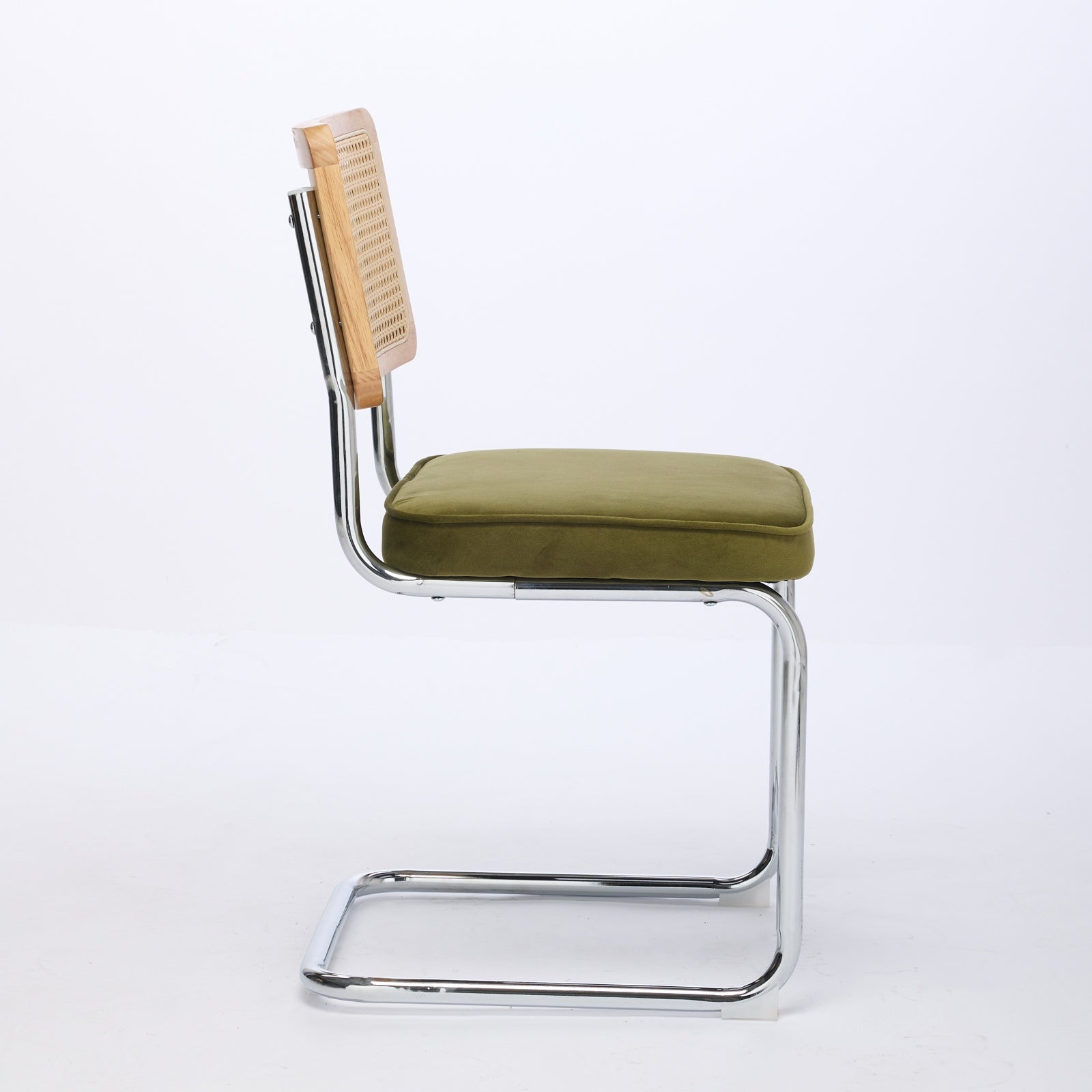 Mid Century Modern Dining Chairs Set of 2, Velvet Accent Chairs with Natural Cane Back & Stainless Chrome Base, Famous Breuer Designed Chairs, Upholstered Rattan Kitchen Chairs,Olive-Green image 4