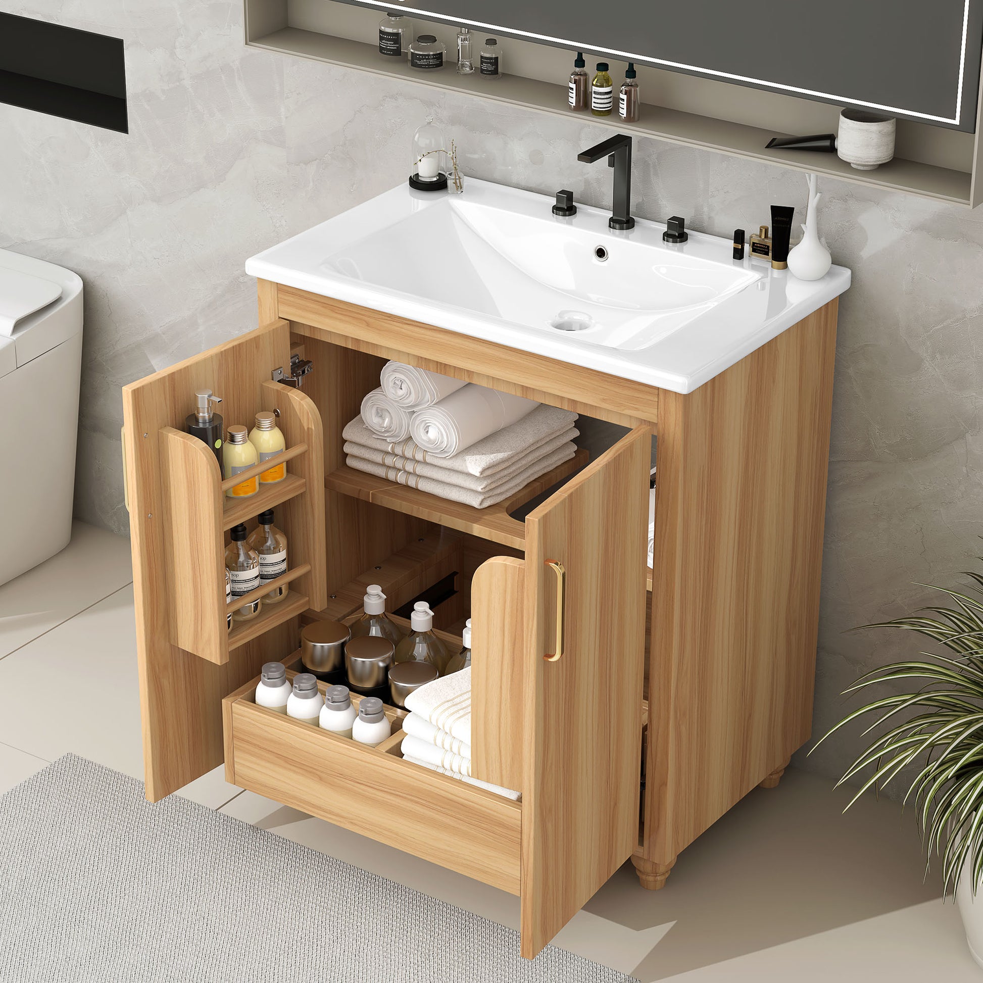 30" Bathroom Vanity with Sink Combo, Multi-functional Bathroom Cabinet with Doors and Drawer, MDF Board, Natural(Old SKU:WF319484AAG) image 1