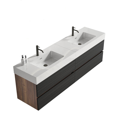 Grace 72''(36Inch*2) Bathroom Vanity with Matt Black Engineered Quartz Sink and Soft Black Drawers, Wall Mounted Floating Bathroom Vanity, One-Piece Glossy White Basin, KD image 10