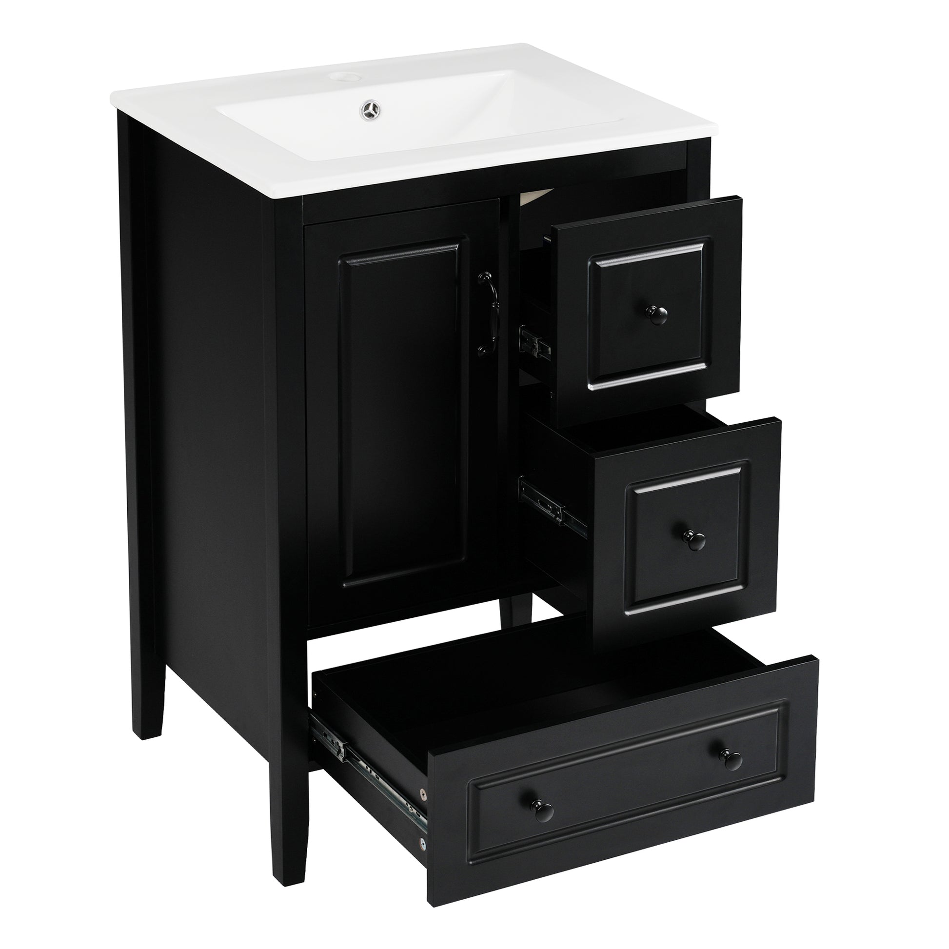 24 inch Bathroom Vanity with Sink, One Cabinet with Soft-closing Door, 3 Soft-closing Drawers, Retro Metal Handles, Black image 11