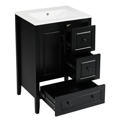 24 inch Bathroom Vanity with Sink, One Cabinet with Soft-closing Door, 3 Soft-closing Drawers, Retro Metal Handles, Black image 11