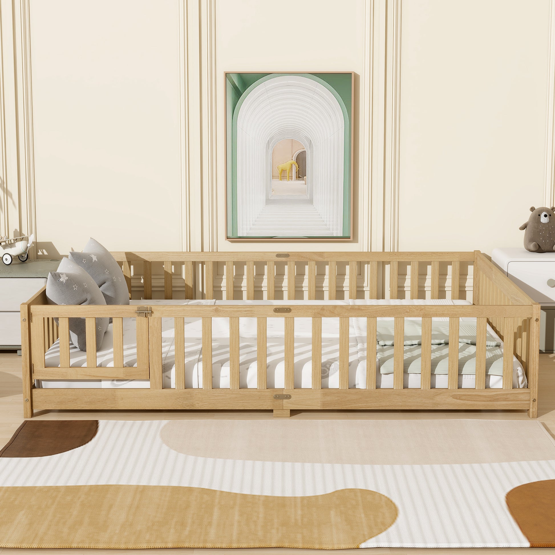 Queen Size Floor Bed with Fence,Door,Rubber Wood Floor Bed with Safety Guardrails,Natural (Old Sku W504P286389) image 2