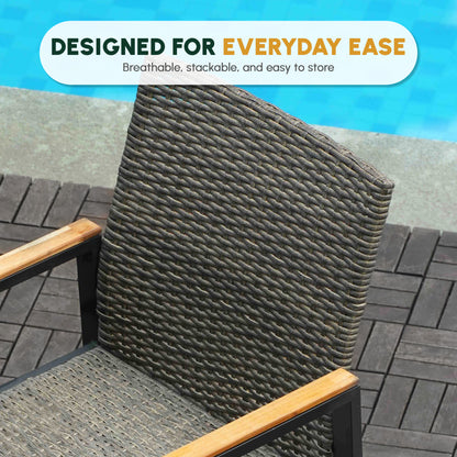 All Weather 7-Piece Patio Dining Table Sets, Patio Conversation Set Acacia Wood Table Top with Umbrella Hole, Rattan Outdoor, Brown Gray Color image 3