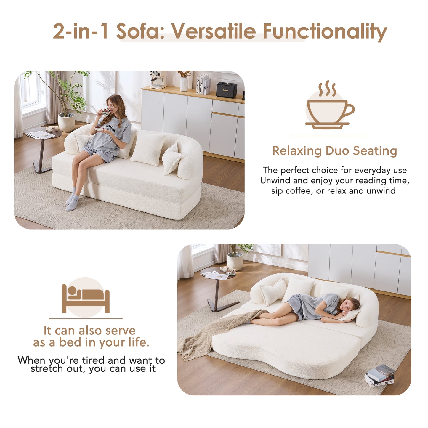 (Old Sku: W2231P392100) 2-in-1 Foldable Sofa Bed,70 Inch Folding Boneless Couch Convertible Compressed Sleeper Sofabed, 4 Pillows for Living Room Apartment, Milk White image 3
