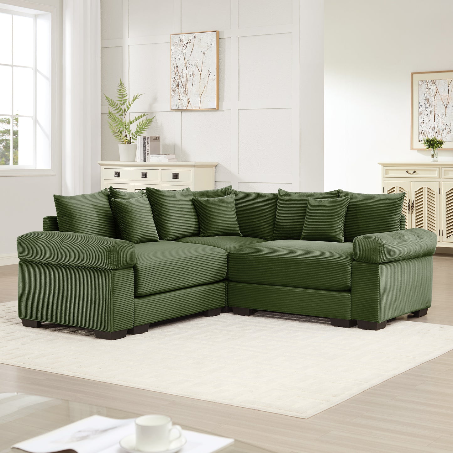 Oversized Cloud Modular Sectional Couch,Convertible Sectional Couches Deep Seat Extra-Wide Armrests, 10 Throw Pillows Premium Corduroy Fabric, Ergonomic Design,Easy Assembly, For Living Rooms,Green image 2