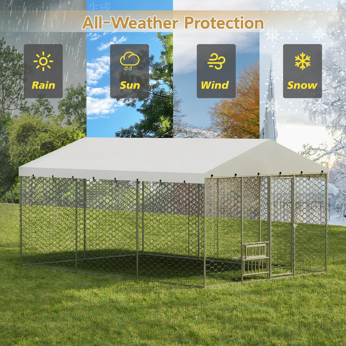 15x10 FT Large Outdoor Dog Kennel with Canopy, Heavy Duty Galvanized Steel Frame, Waterproof Cover, Built-in Elevated Feeding Bowls, Escape-Proof Lockable Pet Playpen for Large Dogs & Multiple Animal image 6