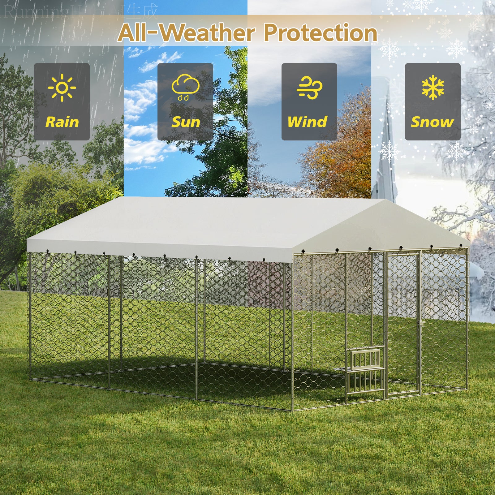 15x10 FT Large Outdoor Dog Kennel with Canopy, Heavy Duty Galvanized Steel Frame, Waterproof Cover, Built-in Elevated Feeding Bowls, Escape-Proof Lockable Pet Playpen for Large Dogs & Multiple Animal image 6