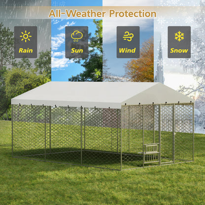 15x10 FT Large Outdoor Dog Kennel with Canopy, Heavy Duty Galvanized Steel Frame, Waterproof Cover, Built-in Elevated Feeding Bowls, Escape-Proof Lockable Pet Playpen for Large Dogs & Multiple Animal image 6