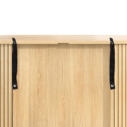 28" Fluted Wine Bar Cabinet with 8-Grid Wine Rack, 5-Level Adjustable Shelves, 2 Glass Holders, Smoothly Sliding Tambour Doors, 4 Hidden Storage Space on the Side,Modern Liquor Coffee Station, Natural image 5