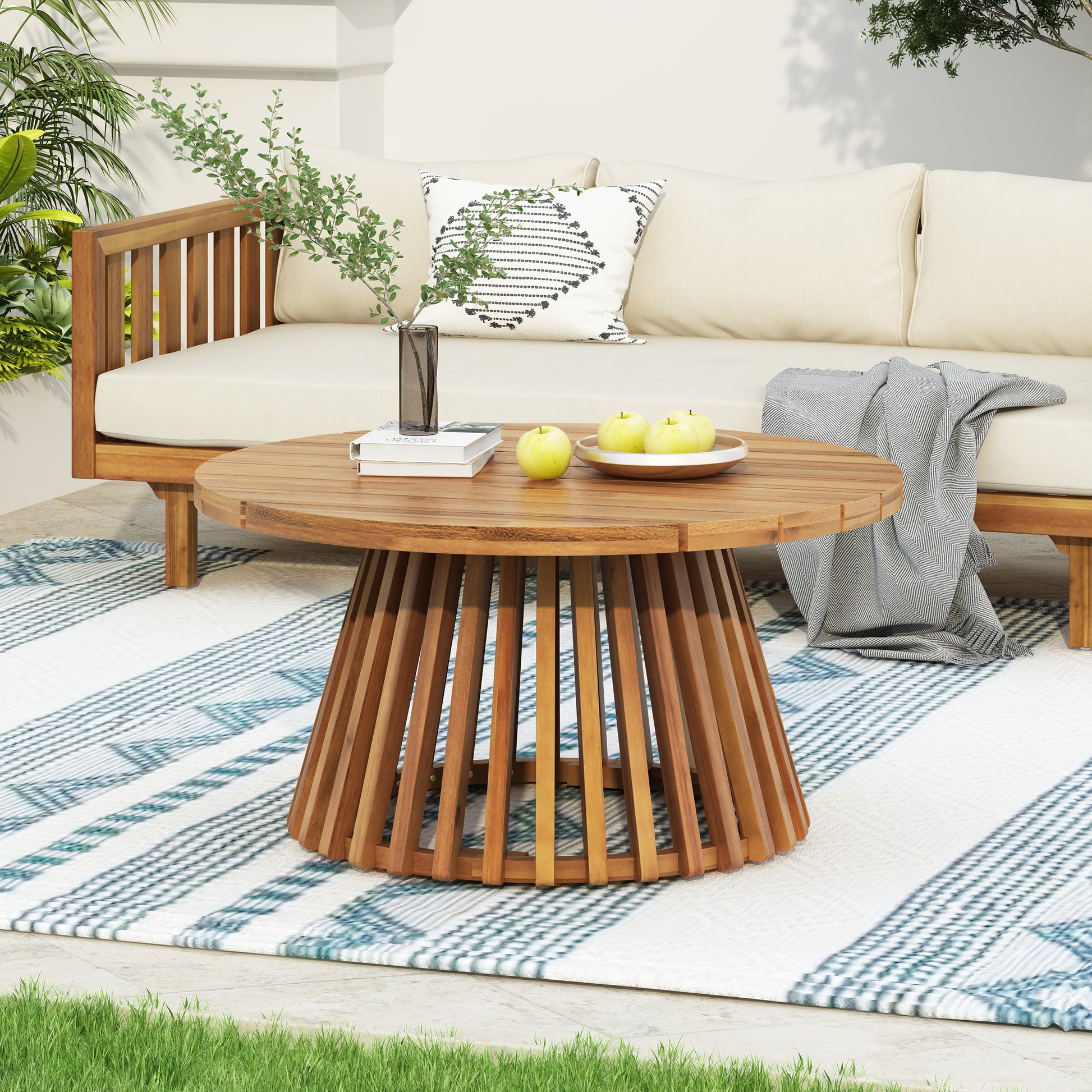 Acacia Wood Patio Furniture Set,Outdoor 3 Seater Daybed(with Water Resistant Thick Cushions)and Round Coffee Table, Light Gray Cushion image 5