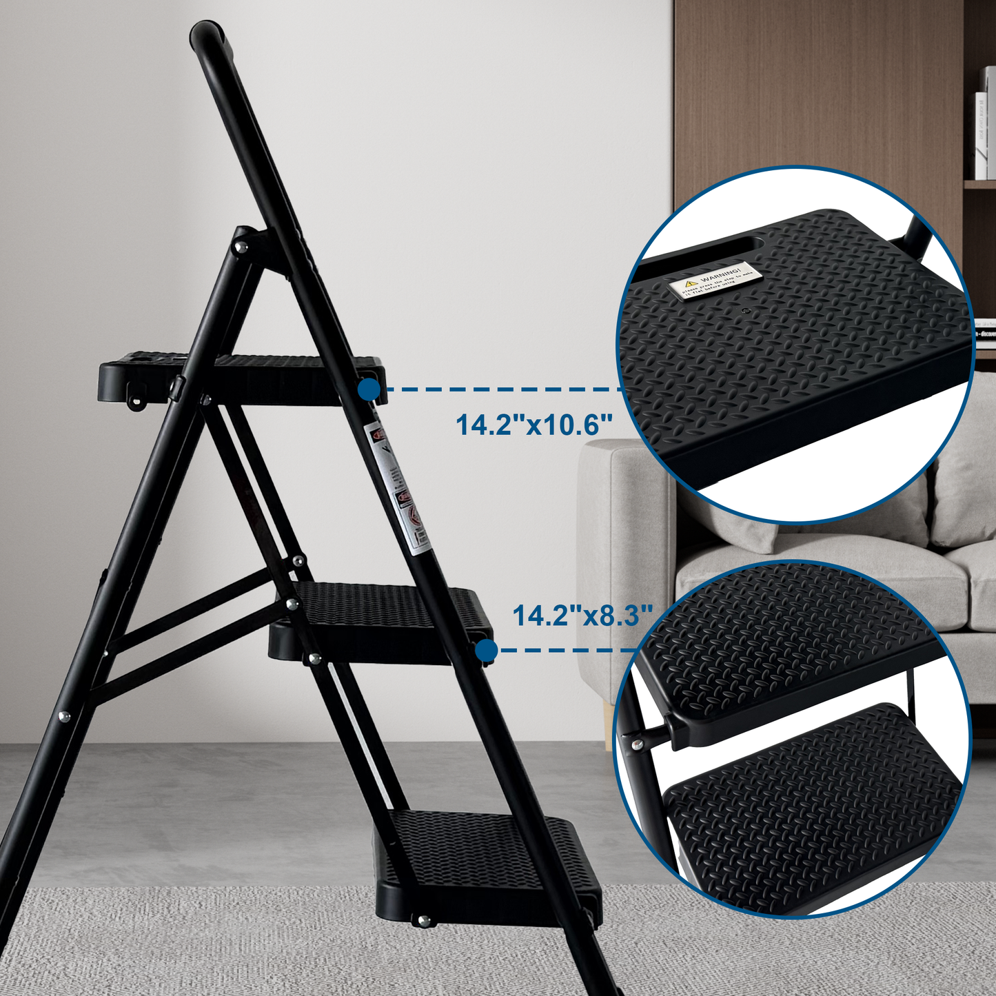 3 Step Ladder, Folding Step Stool with Wide Anti-Slip Pedal, Sturdy Steel Ladder, Lightweight, Portable Steel Step Stool image 8