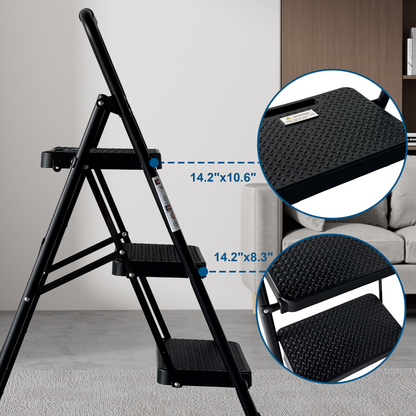 3 Step Ladder, Folding Step Stool with Wide Anti-Slip Pedal, Sturdy Steel Ladder, Lightweight, Portable Steel Step Stool image 8