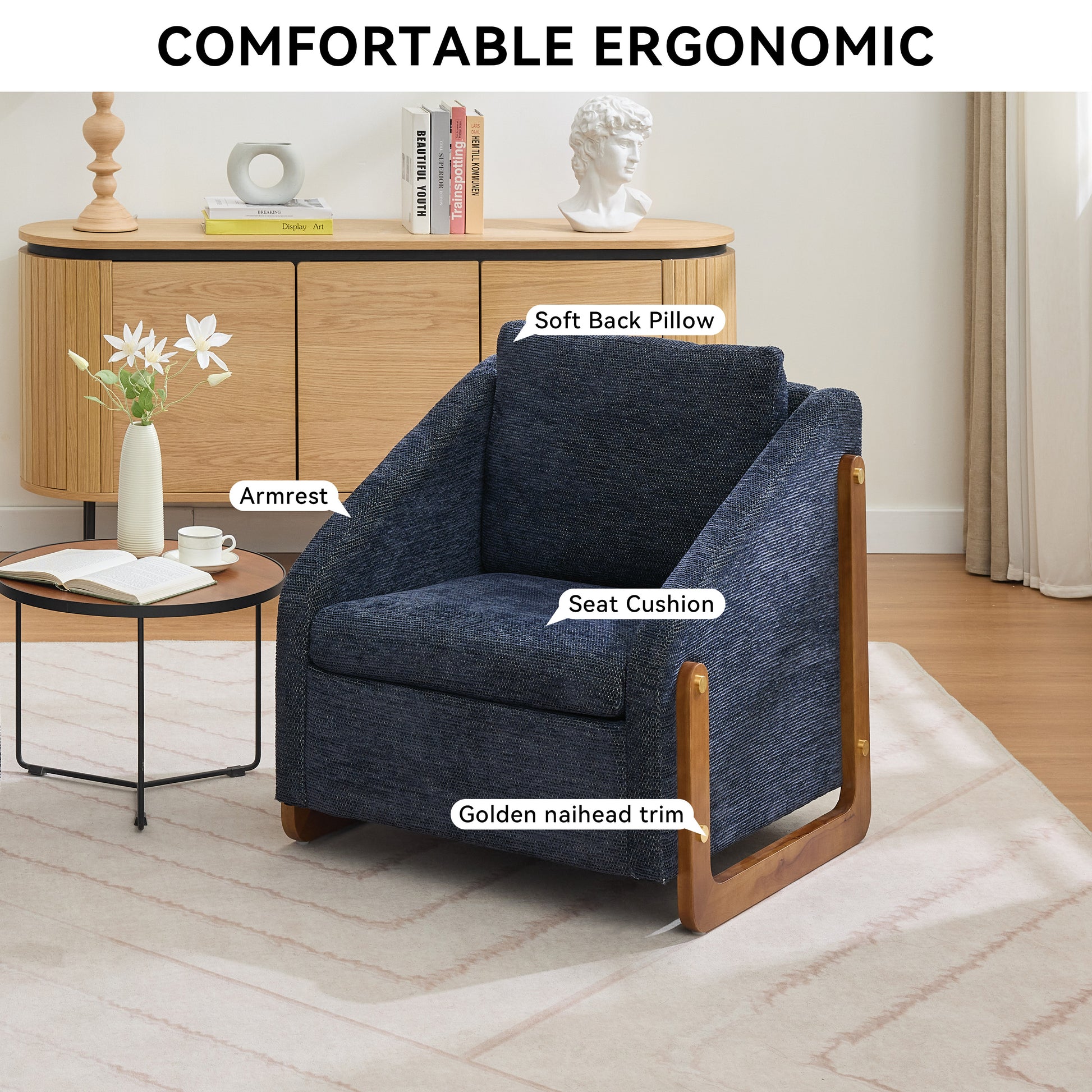 057-Set of 1 Chenille Fabric Modern Upholstered Armchair with Wooden Side Frame, Accent Leisure Chair with Cushioned Seat and Backrest for Living Room, Bedroom,Blue image 3