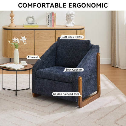 057-Set of 1 Chenille Fabric Modern Upholstered Armchair with Wooden Side Frame, Accent Leisure Chair with Cushioned Seat and Backrest for Living Room, Bedroom,Blue image 3