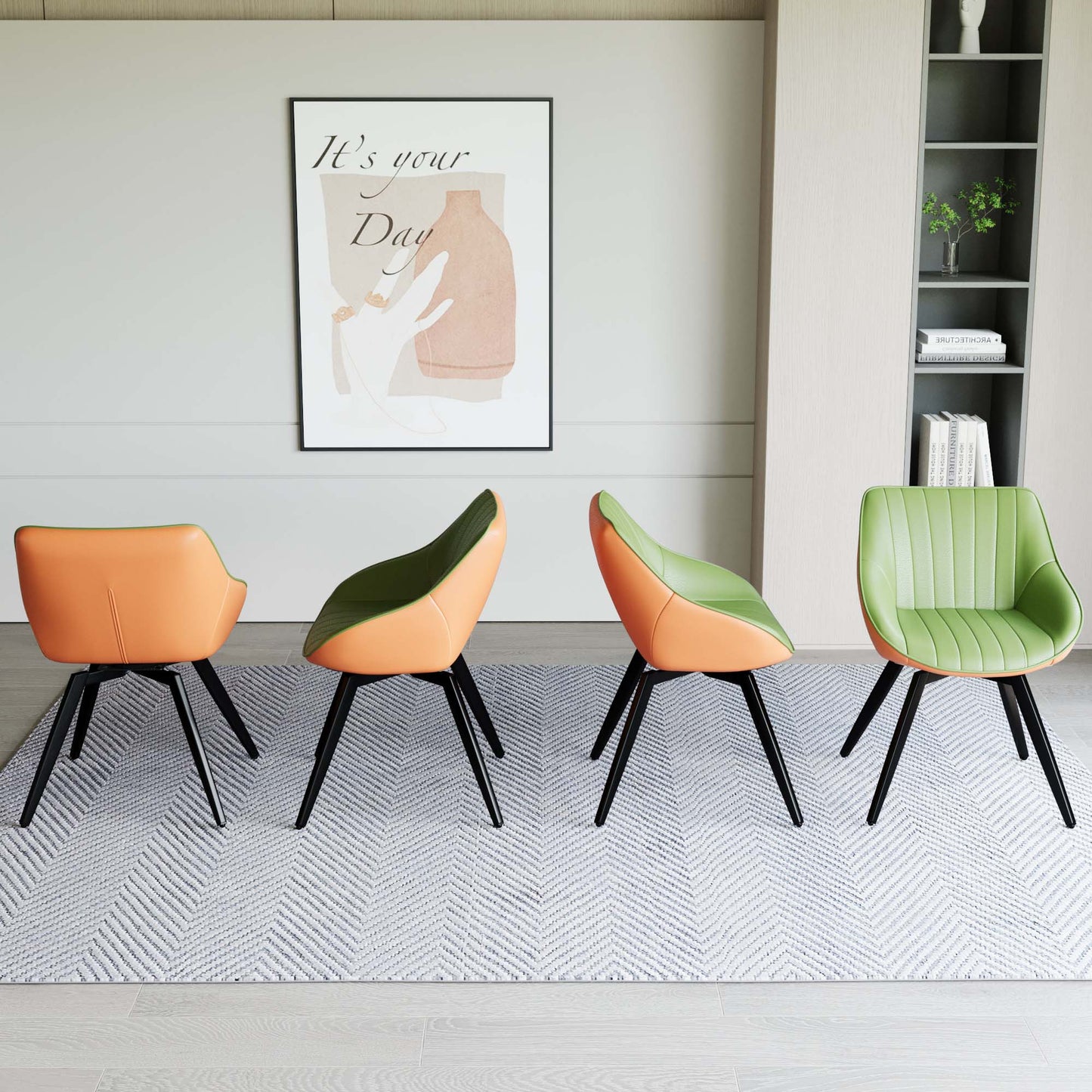 A set of 4 dining chairs, medieval modern kitchen dining chair, PU decorative chairs with black metal legs, suitable for home&kitchen (Green and Orange) image 6