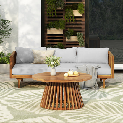 Acacia Wood Patio Furniture Set,Outdoor 3 Seater Daybed(with Water Resistant Thick Cushions)and Round Coffee Table, Light Gray Cushion image 1