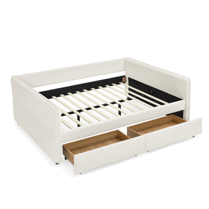 Daybed with Trundle Upholstered Tufted Sofa Bed, with Two Drawers, Queen Size, Boucle Fabric, Beige(88"x65.5"x29.5") image 11