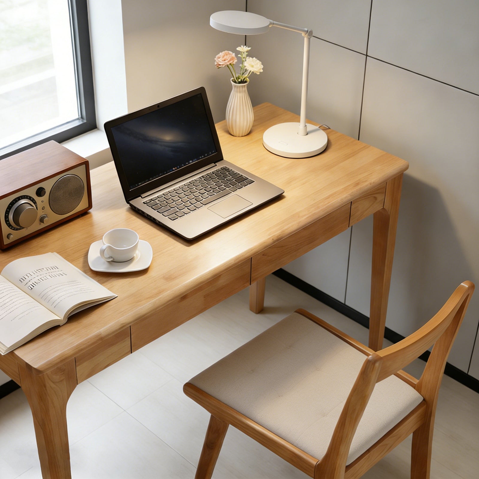 Solid Wood Desk with Drawers, Standing Desk with Smooth Edges, Home Office Desk for Small Spaces, Mid Century Modern Desk for Study, Bedroom, Living Room, Office, (Natural Wood Color) image 8