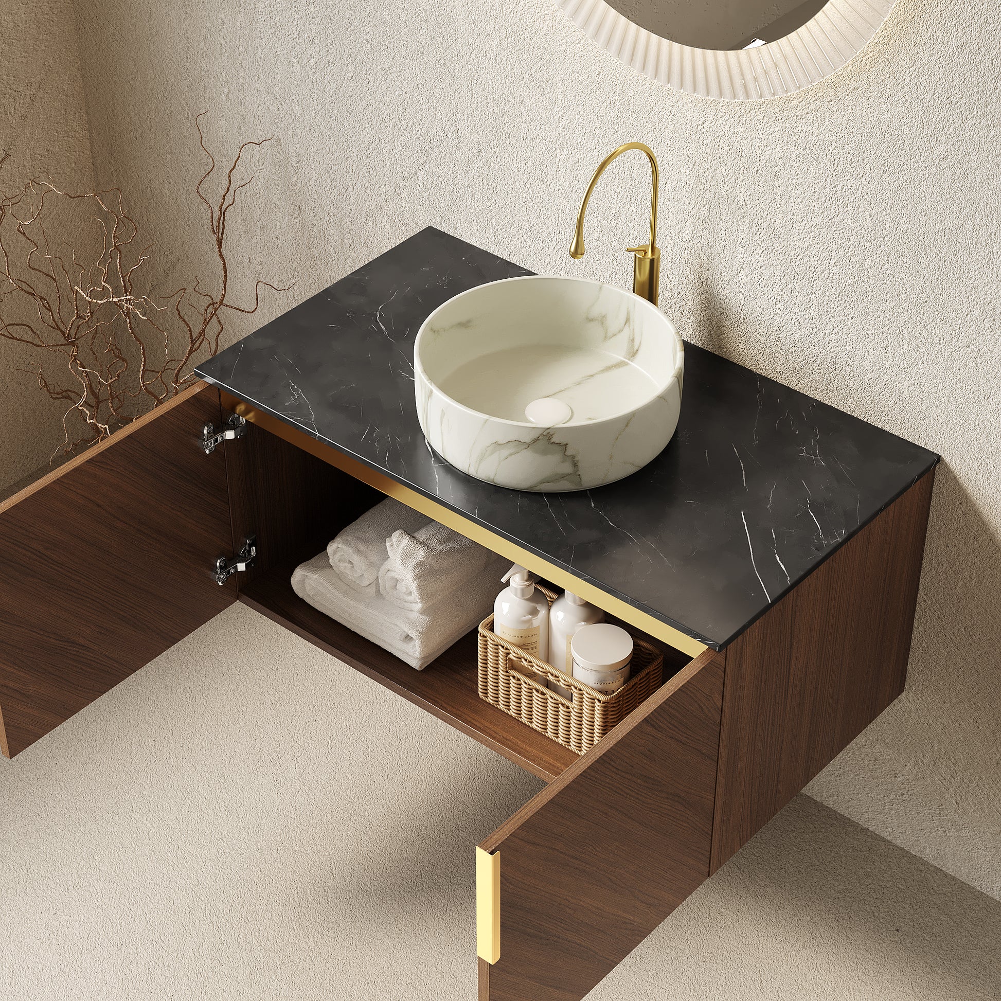 ARAI 36" Bathroom Vanity&Sink, Floating Plywood Bathroom Storage Cabinet with 2 Doors, Black Sintered Stone Countertop&White Round Ceramic Basin with Stone Pattern, Brown Oak Woodgrain Color (New SKU) image 2