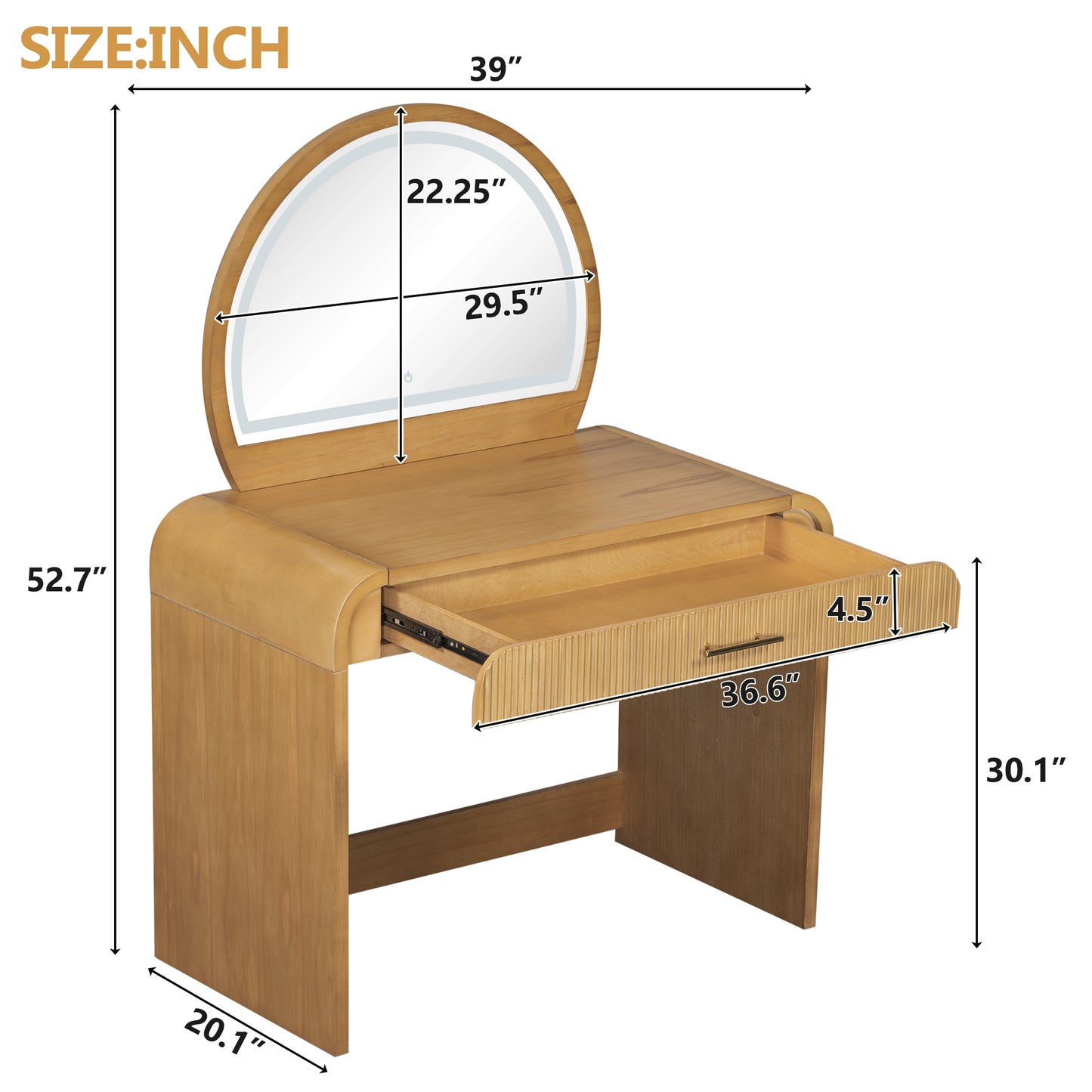 39" Makeup Vanity Table with Mirror Touch Screen Lighted Mirror, Dressing Table with Drawer for Bedroom, Natural image 8