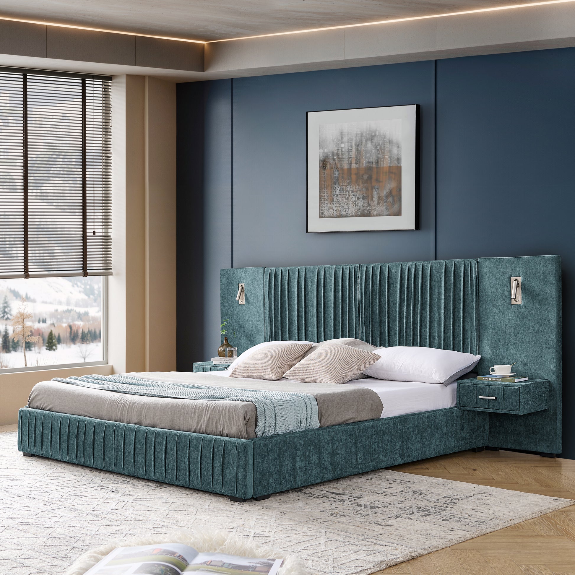 King Size Upholstered Bed Frame with Chenille fabric with pleated design,Grounded King Size Platform Bed with Headboard and Solid Frame and the bedside table.No Box Spring Needed-Blue-Green image 4