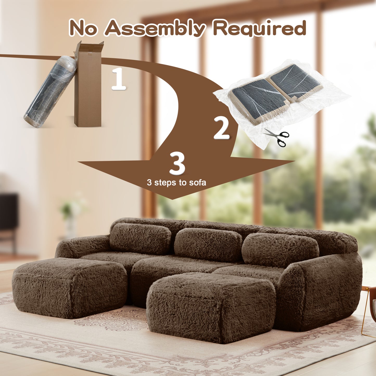 U-shaped Boneless Sofa 32D High Density Sponge Bottom Anti-Slip Design With Chaise Free Combination Full-compression Vacuum Packaging Deep Seat Design For Bedroom,Study,And Home Theater, Chocolate image 10