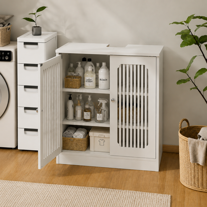 Washbasin cabinet without basin, louvered double-door floor-standing bathroom vanity and storage unit, white bathroom floor-standing storage cabinet. image 11