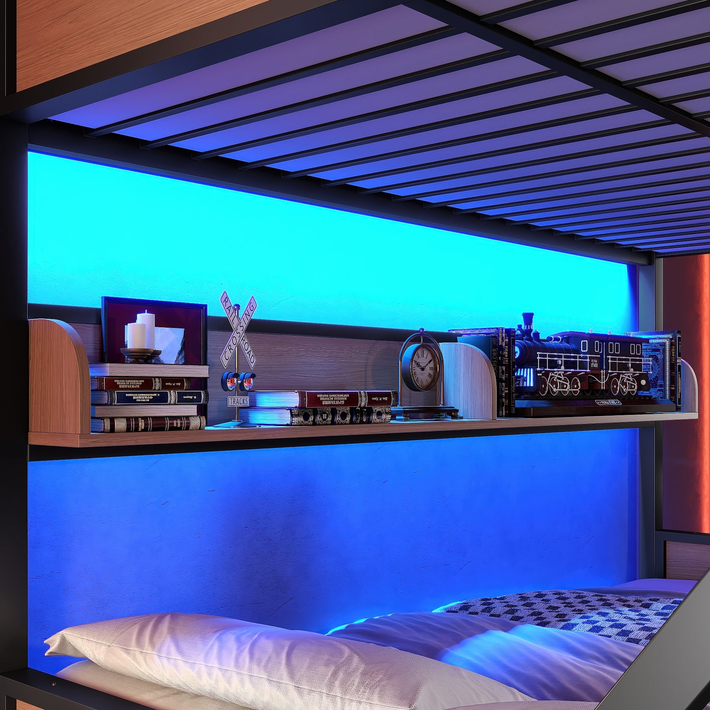 Full over Full Bunk Bed, Metal Bunk Bed with Storage Shelves and Lights, Space-saving & Noise-free Design, Black image 5