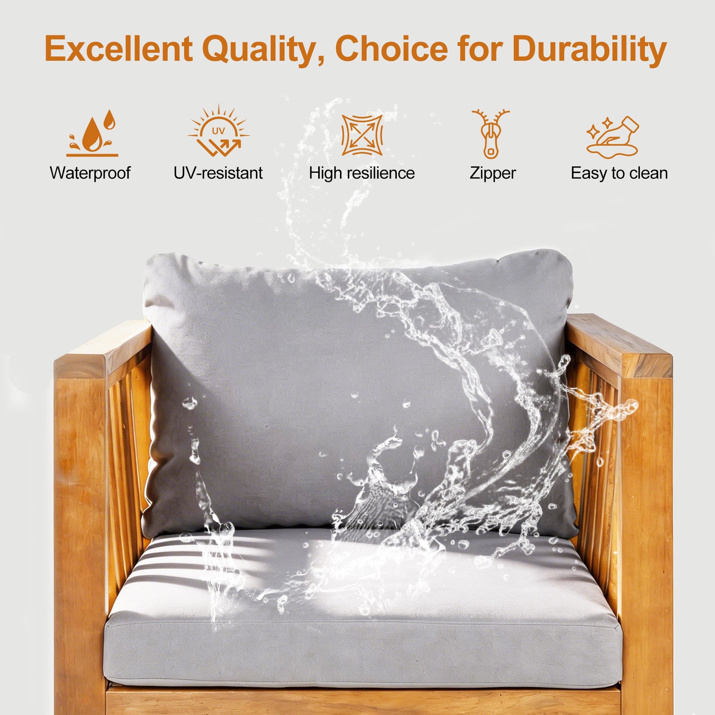 Outdoor Acacia Wood Club Chair with Modern Square Arms, Patio Chair with Thick Cushion, Adjustable Leveling Feet for Poolside, Backyard & Deck, Grey Cushion image 6