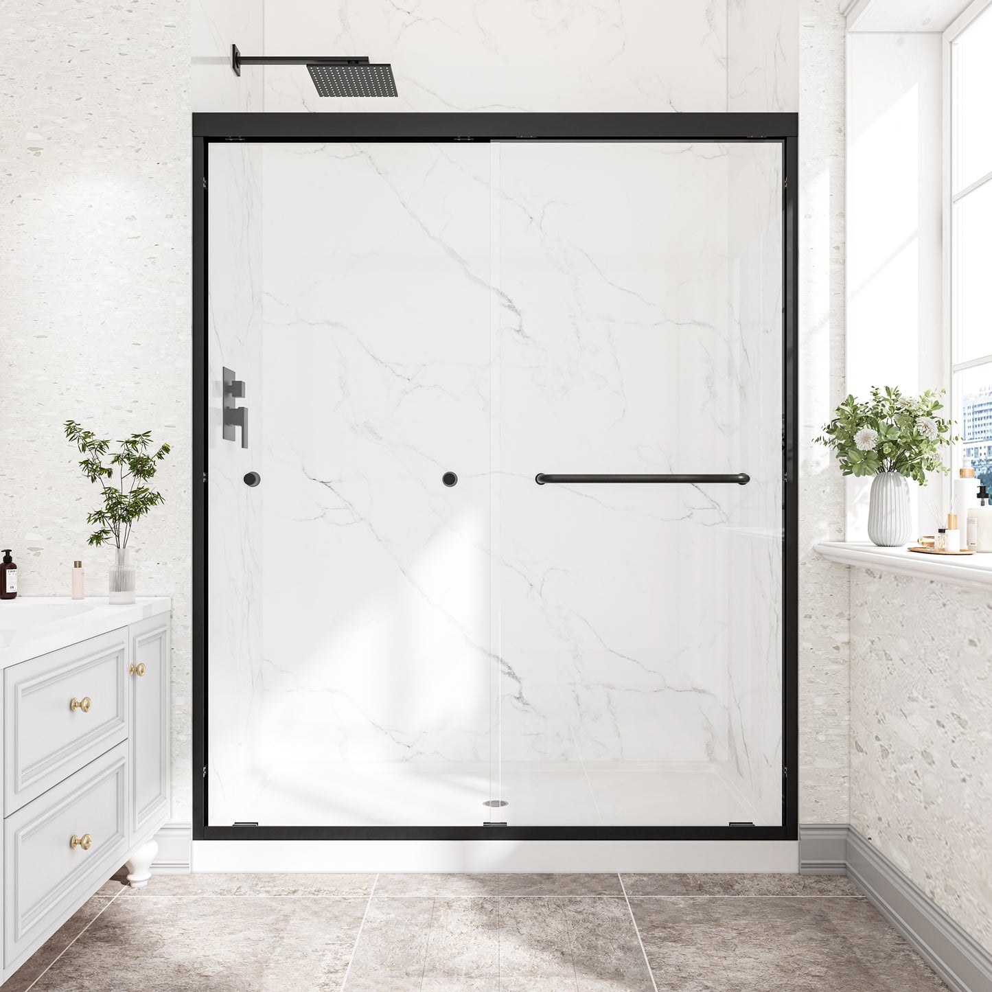 55"-60" W x 72" H Matte Black Reversible Installation Double Bypass Sliding Shower Door,Aluminium Alloy Frame,1/4"(6MM) Tempered Glass With Nano Explosion-proof Membrance,Easy Installation image 1