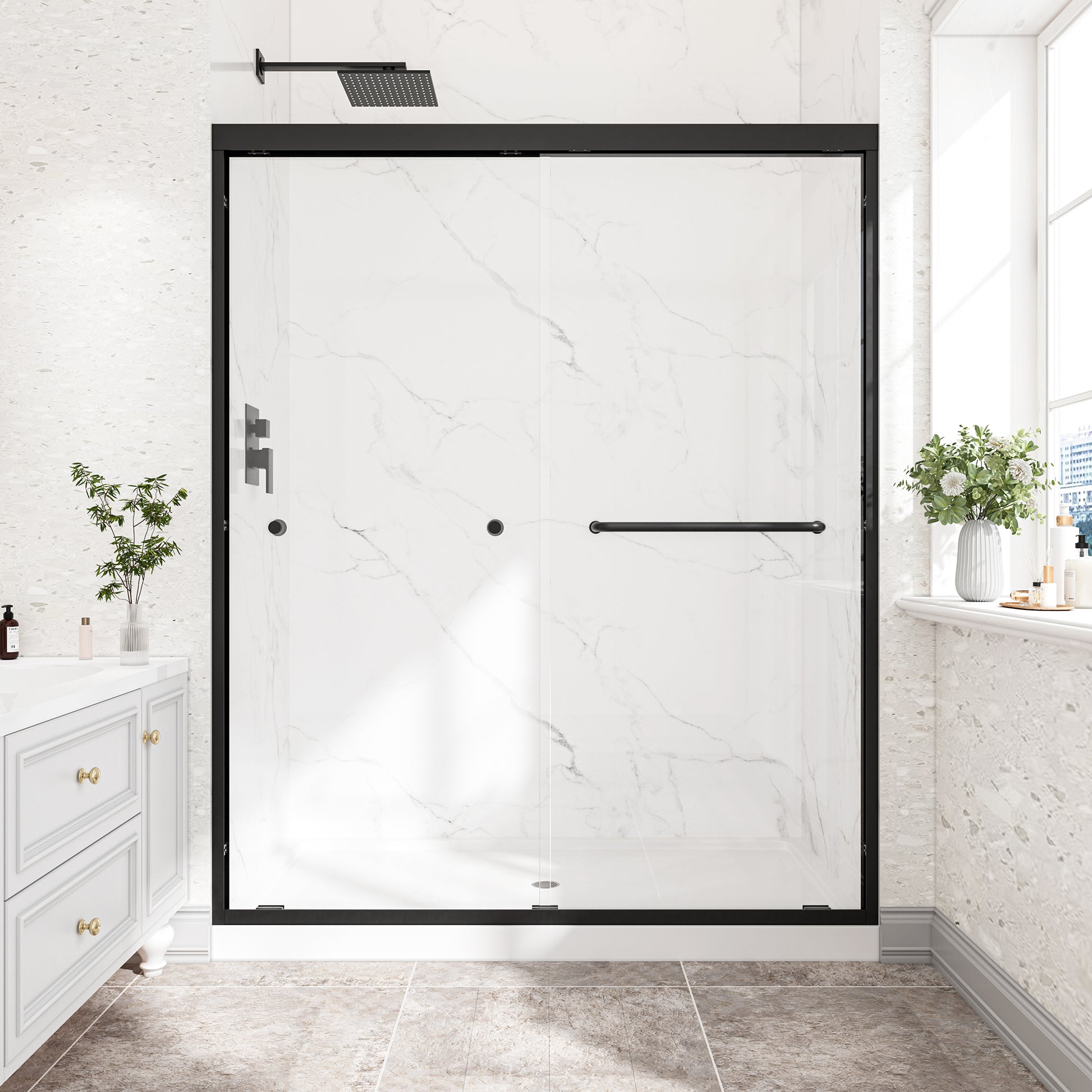 55"-60" W x 72" H Matte Black Reversible Installation Double Bypass Sliding Shower Door,Aluminium Alloy Frame,1/4"(6MM) Tempered Glass With Nano Explosion-proof Membrance,Easy Installation image 1