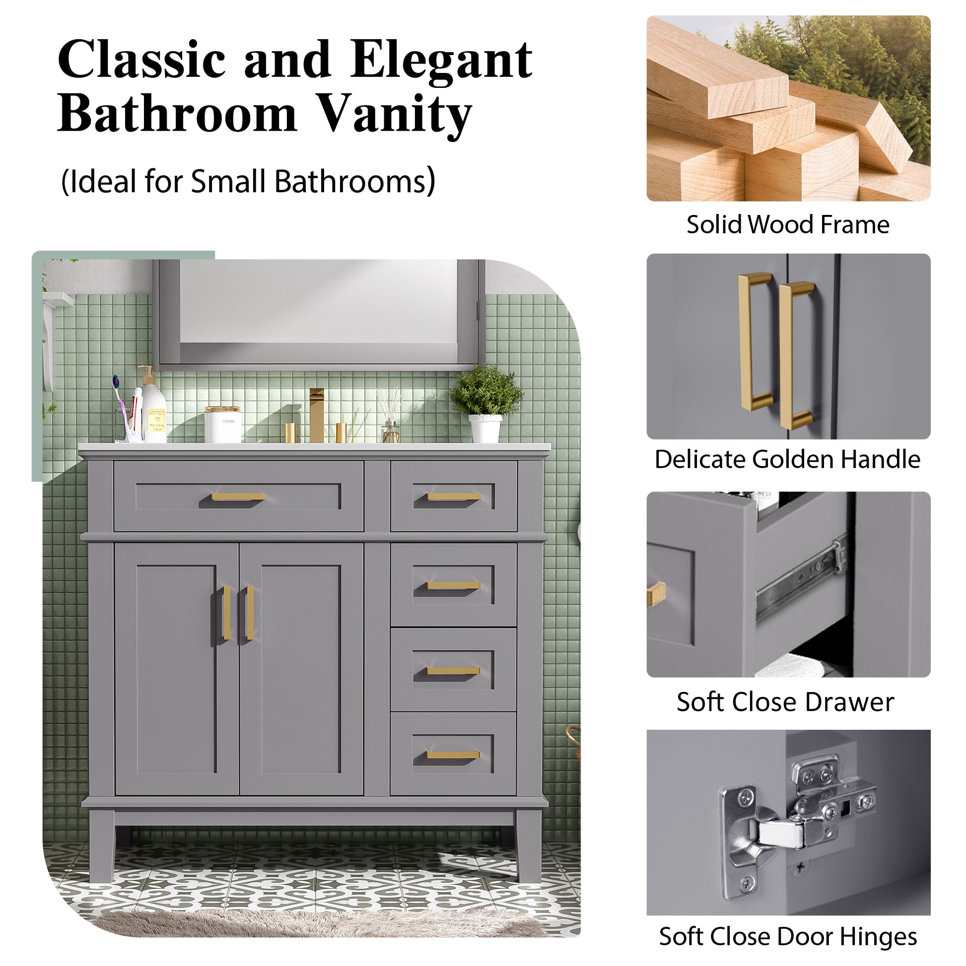 36" Gray Modern Bathroom Vanity with Ceramic Sink, Soft-Close Door, and 4 Storage Drawers,offering a refined look with practical everyday functionality.(Old SKU:N729P253935E) image 5