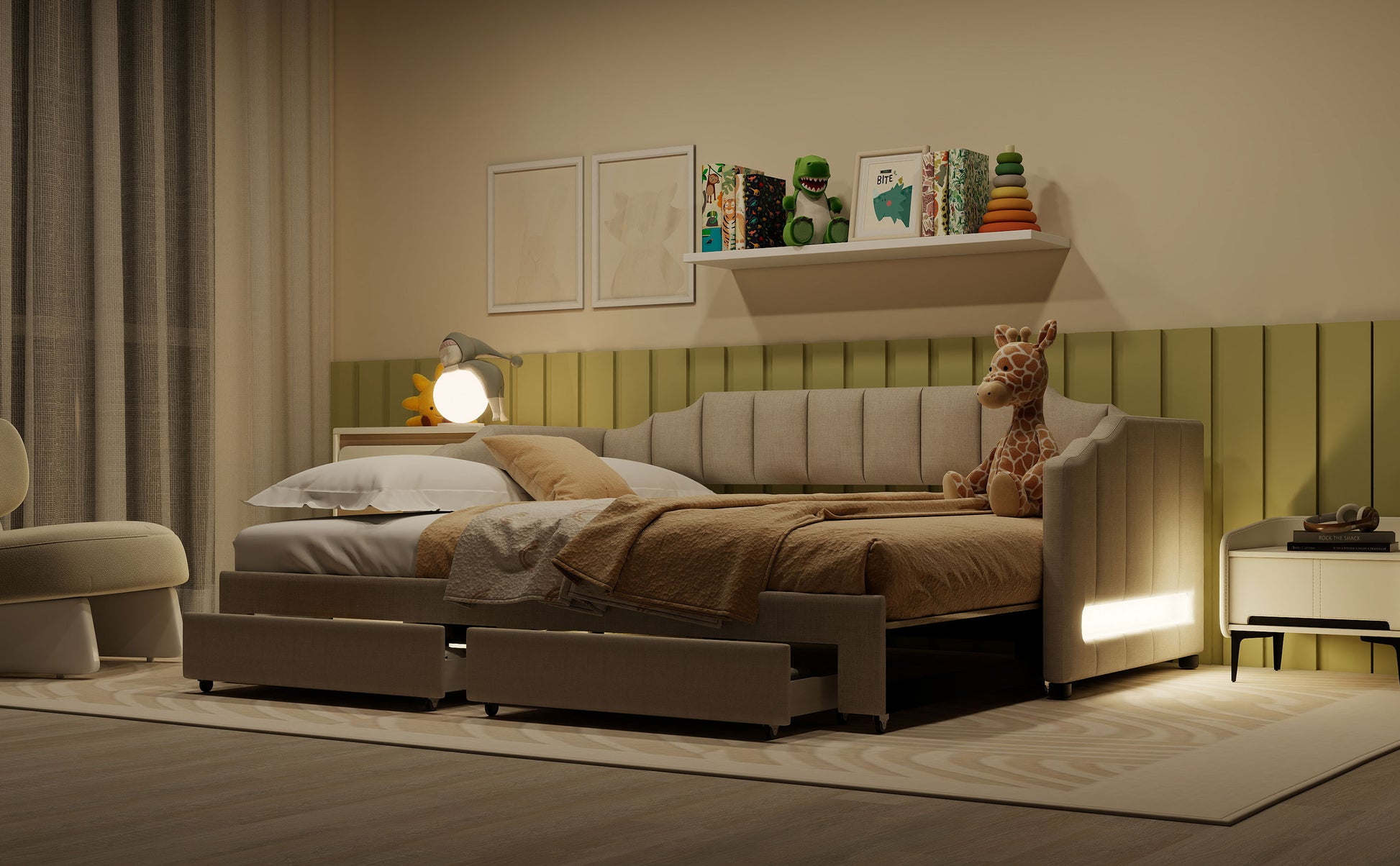 Twin XL Size Extendable Upholstered Daybed with Two Storage Drawers and LED Light,Twin XL to King Daybed,Beige image 4