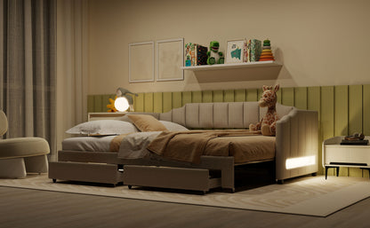 Twin XL Size Extendable Upholstered Daybed with Two Storage Drawers and LED Light,Twin XL to King Daybed,Beige image 4