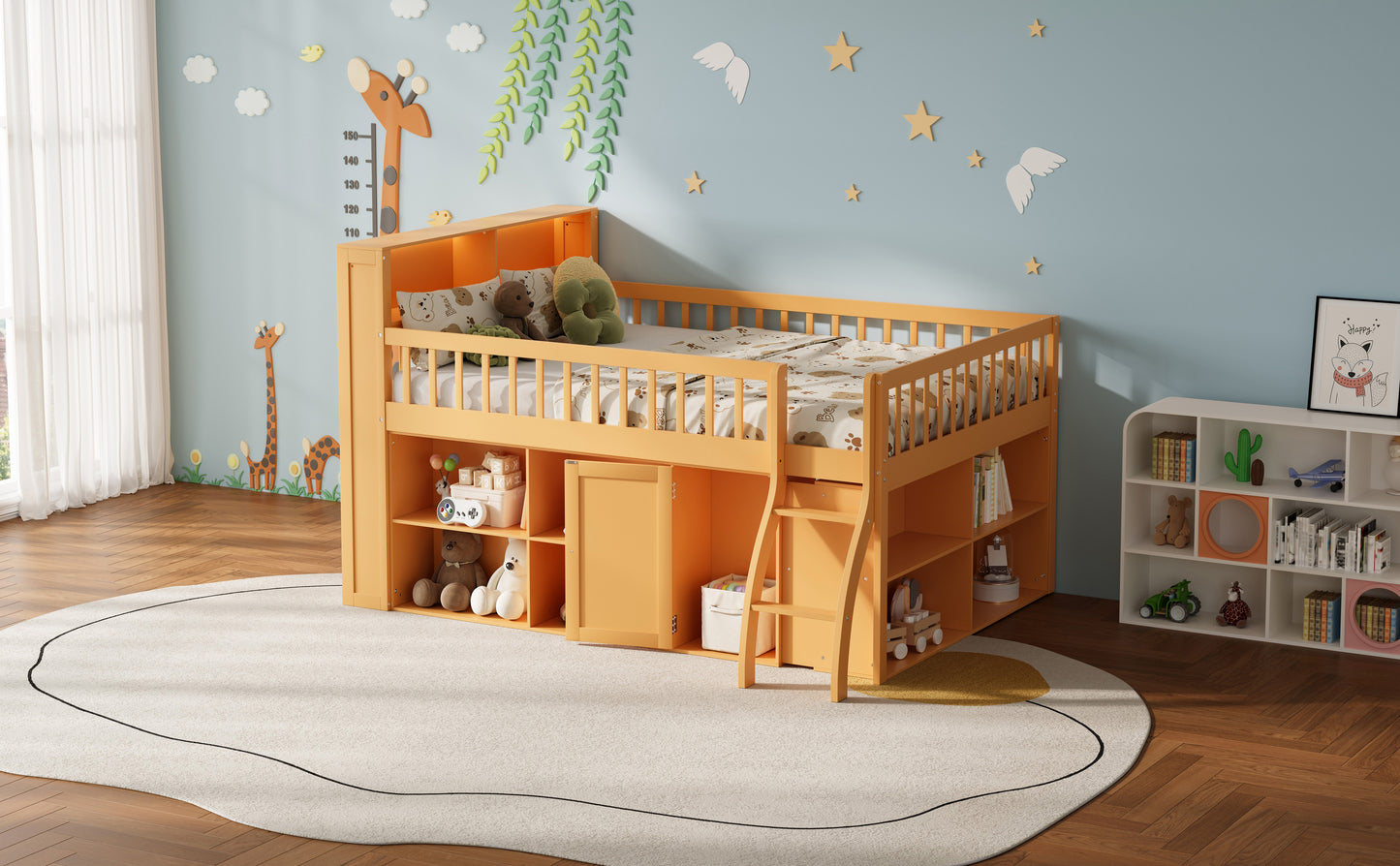 Full Size Loft Bed with Storage, Headboard with LED Light, Natural image 6