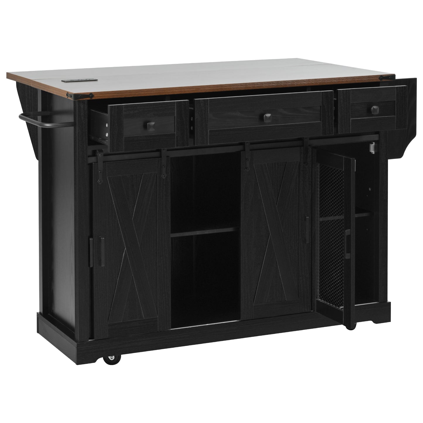 K&K 58" Farmhouse Kitchen Island with Storage, Sliding Barn Door & Metal Grid Side Door, Rolling Kitchen Island on 5 Wheels with Spice Rack, Glass Holders,Island Table with Drop Leaf for Kitchen,Black image 6