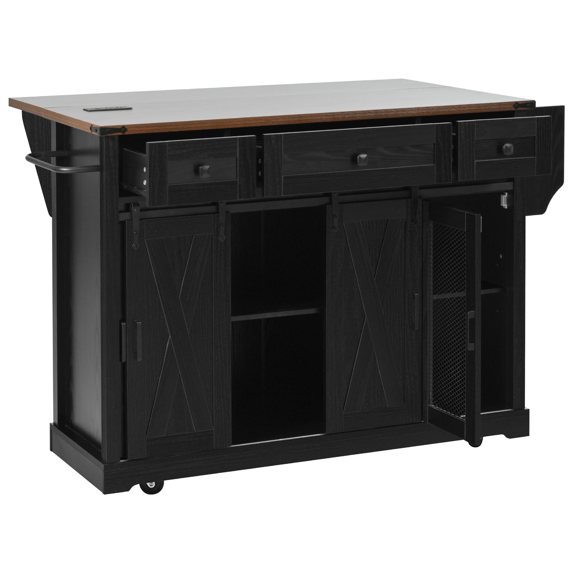 K&K 58" Farmhouse Kitchen Island with Storage, Sliding Barn Door & Metal Grid Side Door, Rolling Kitchen Island on 5 Wheels with Spice Rack, Glass Holders,Island Table with Drop Leaf for Kitchen,Black image 6