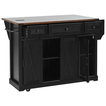 K&K 58" Farmhouse Kitchen Island with Storage, Sliding Barn Door & Metal Grid Side Door, Rolling Kitchen Island on 5 Wheels with Spice Rack, Glass Holders,Island Table with Drop Leaf for Kitchen,Black image 6