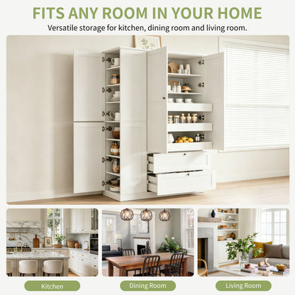 TOPMAX 73.6" Tall Farmhouse Kitchen Pantry Cabinet with 8 Shelves, 2 Drawers, 3 Pull-Out Trays, 4 Doors and Side Cabinets for Kitchen & Dining Room, White image 6