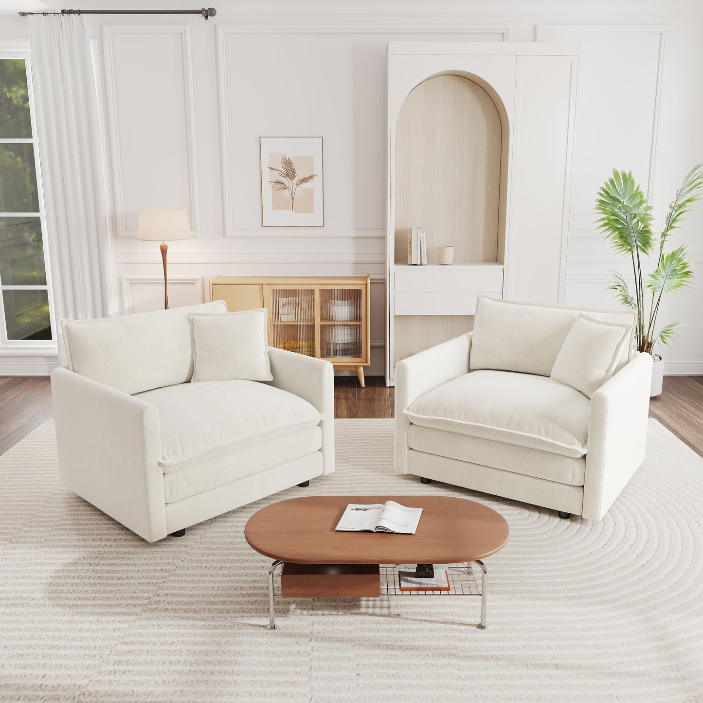Accent Chair Set of 2, High-end Chenille Upholstered Armchairs, Living Room Side Chairs with Toss Pillow, White image 2