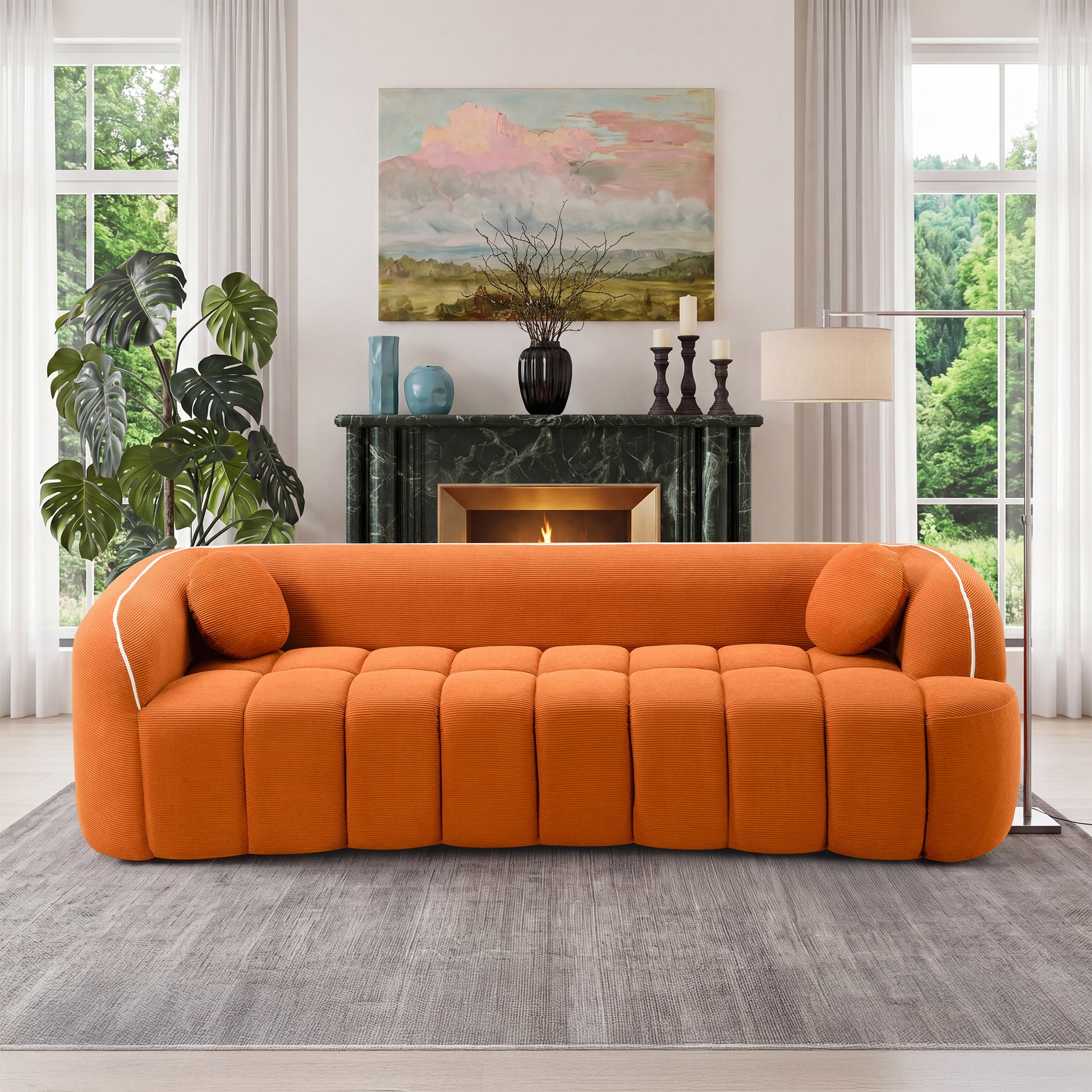98.4" Modern Compressed Sofa, Cloud Couch 3-Seater Corduroy Sofa, No Assembly Required, Bubble Channel Tufted Couch with 2 Pillows, Comfy Deep Seat for Living Room, Apartment, Office image 3