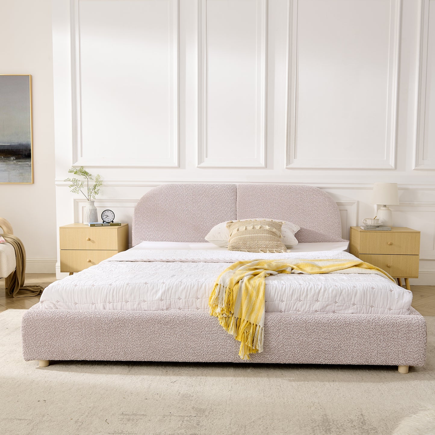Queen Size Upholstered Bed Frame, Modern Minimalist Style with Tall Curved Headboard, Premium Circle Yarn Fabric & Sturdy Leg Support, Mattress Not Included-Pink image 3