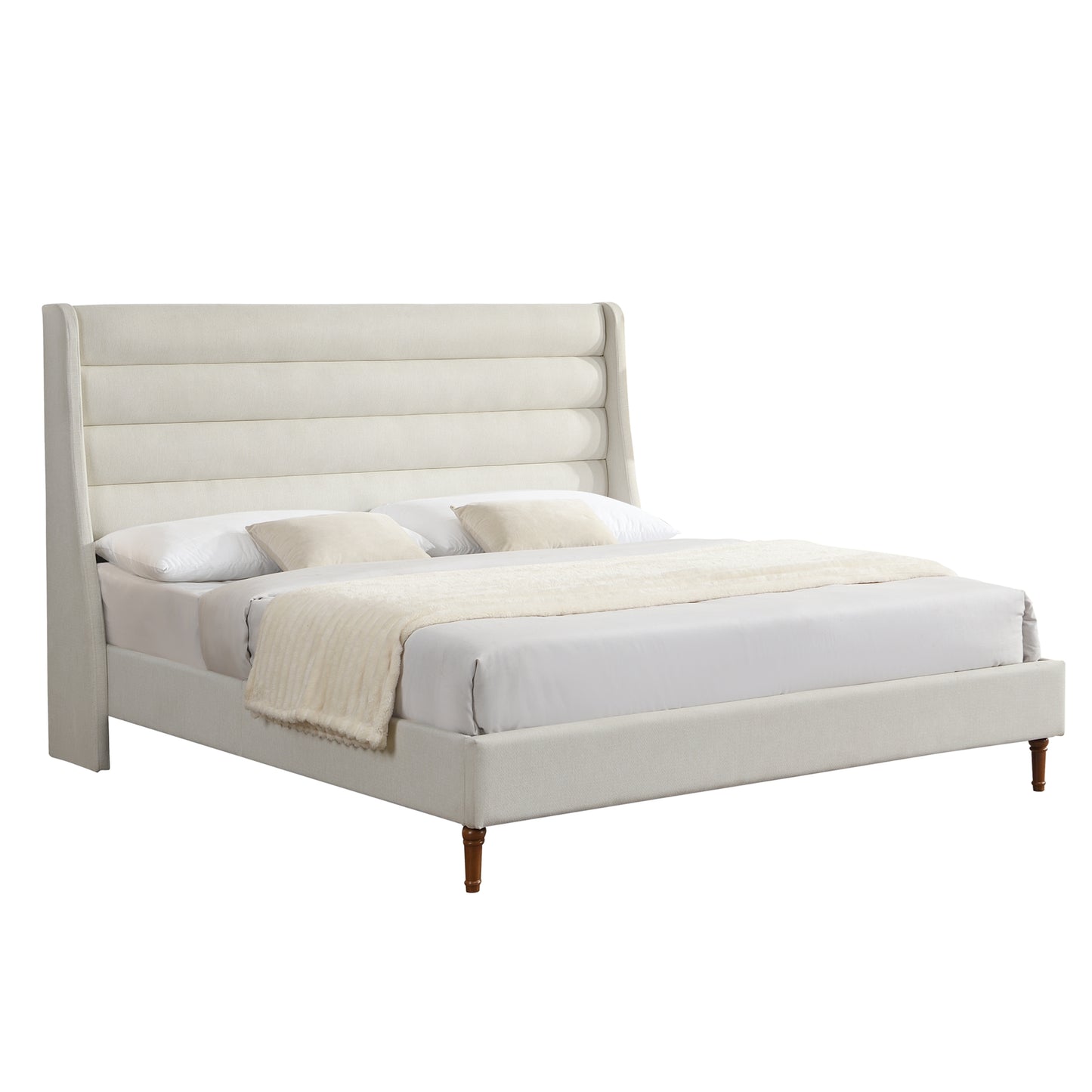 King Size Bed Frame High Headboard Upholstered Platform Bed with Wave - Shaped Headboard, Premium Chenille Fabric, Modern Minimalist Platform Bed No Box Spring Needed, Easy Assembly, Ivory image 9