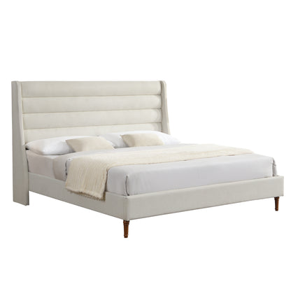 King Size Bed Frame High Headboard Upholstered Platform Bed with Wave - Shaped Headboard, Premium Chenille Fabric, Modern Minimalist Platform Bed No Box Spring Needed, Easy Assembly, Ivory image 9