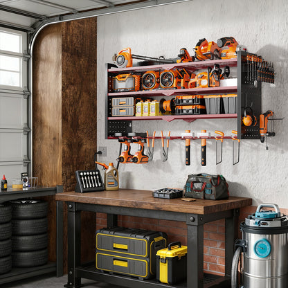 33 inches Modular Wall-Mounted Power Tool Organizer with Charging Station Heavy-Duty Drill Rack with Hooks and 8-Outlet Holder in Red image 7