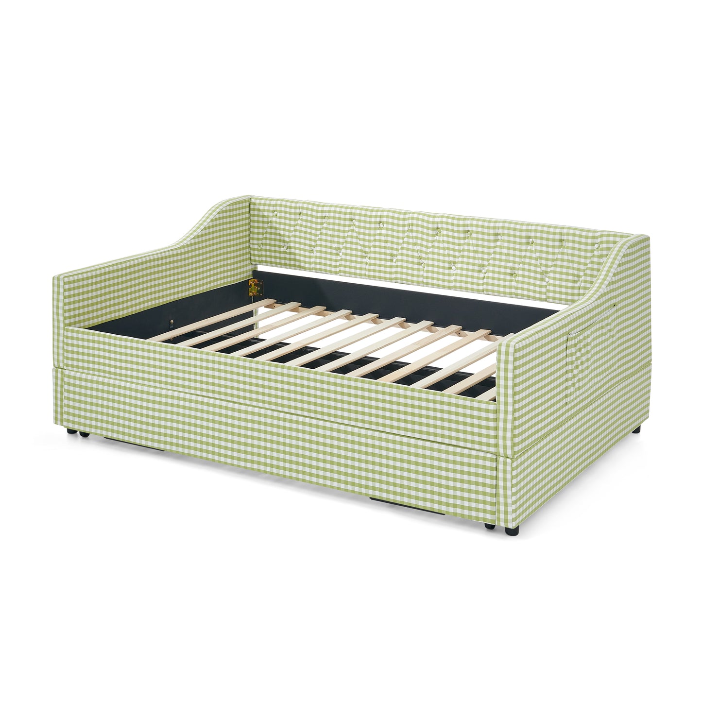 Full‑Size Daybed,Upholstered Convertible Daybed with Tufted Button Backrest, 3‑in‑1 Versatile Sofa Bed with Pull‑Out Trundle & Side Storage, Perfect for Compact Living-Green image 10
