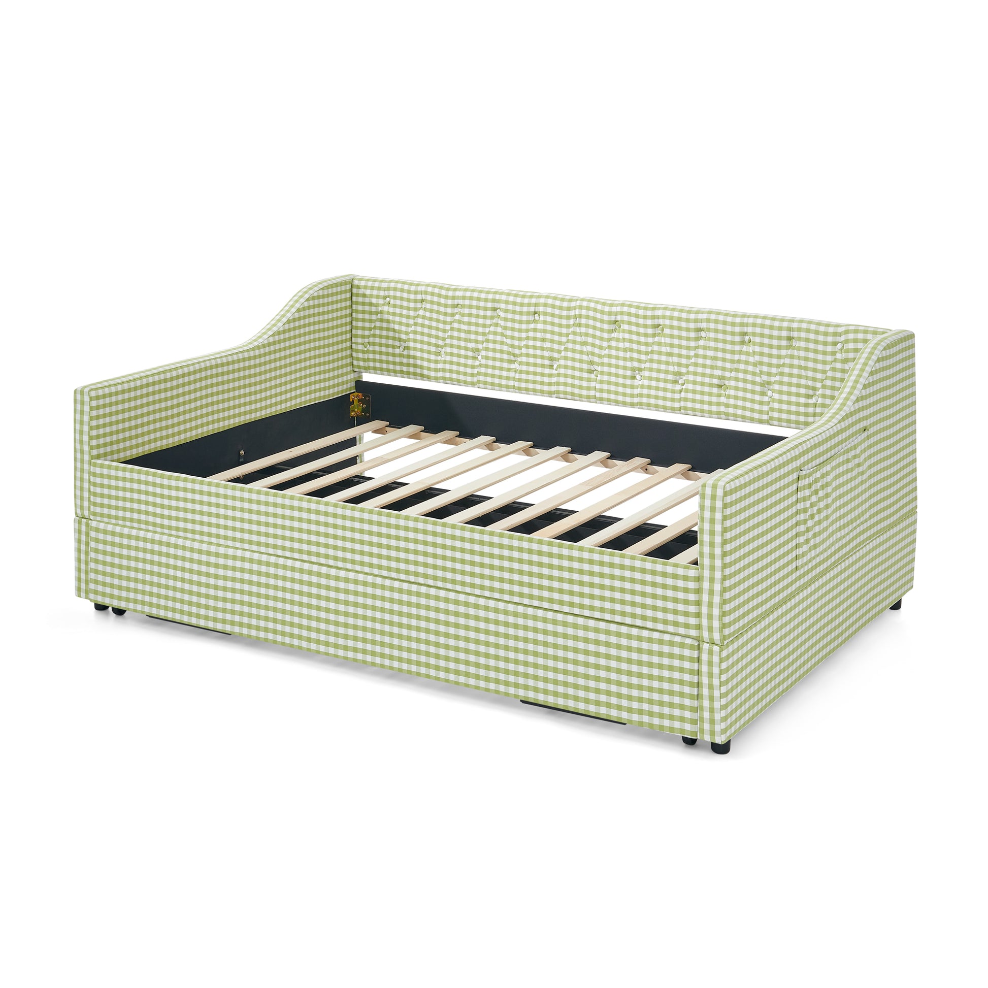 Full‑Size Daybed,Upholstered Convertible Daybed with Tufted Button Backrest, 3‑in‑1 Versatile Sofa Bed with Pull‑Out Trundle & Side Storage, Perfect for Compact Living-Green image 10